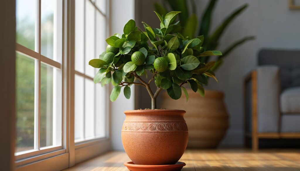 A thriving Kaffir lime tree in a pot, with lush green leaves and small, bumpy limes growing on its branches.