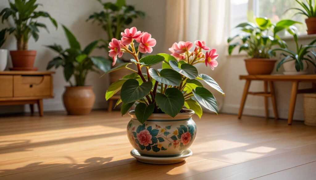 A lush begonia thriving on a sunlit windowsill, showcasing vibrant green leaves and delicate blooms.