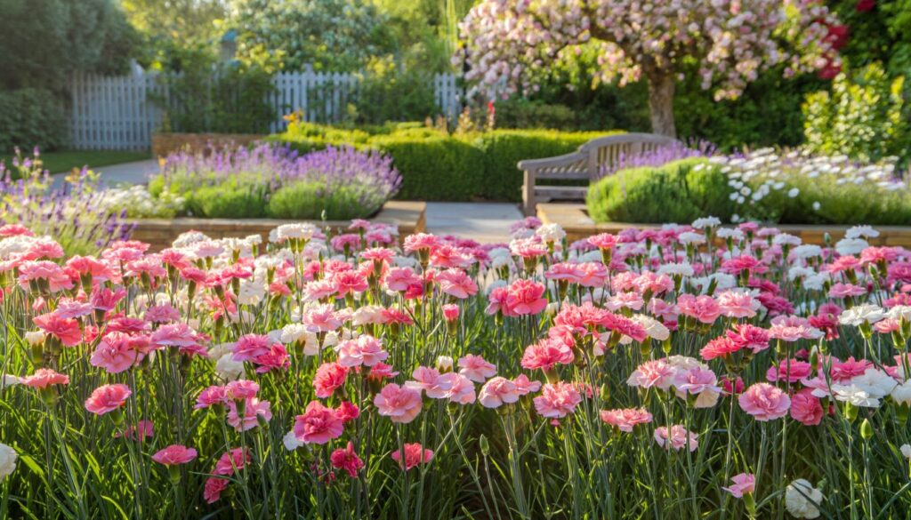 A charming balcony garden with terracotta pots bursting with vibrant, blooming carnations and lush greenery.