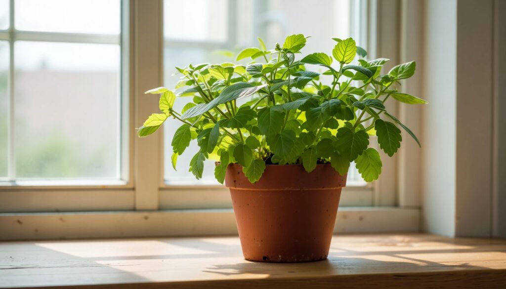 A healthy potted lemon balm plant thriving on a sunlit windowsill, with bright green leaves and a refreshing citrus glow.