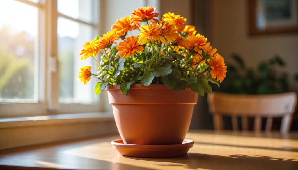 A vibrant marigold plant thriving in a stylish container on a sunny indoor windowsill, showcasing bright orange blooms and lush green foliage.