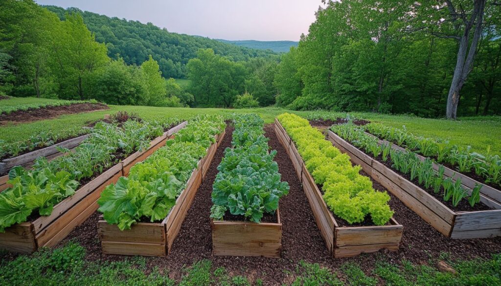 A thriving raised garden bed filled with lush green vegetables, including leafy greens growing in rich soil.