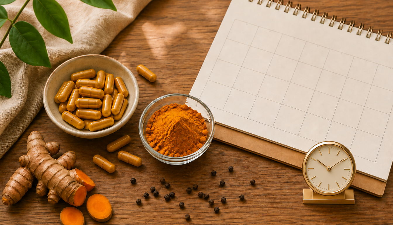 Turmeric capsules, turmeric powder, sliced turmeric root, and black pepper arranged on a wooden surface beside a clock and planner.