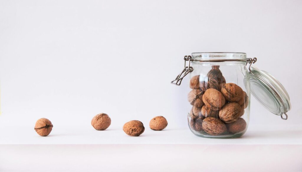 Close-up of freshly shelled walnuts arranged on a drying rack, showcasing their natural texture and golden hues.