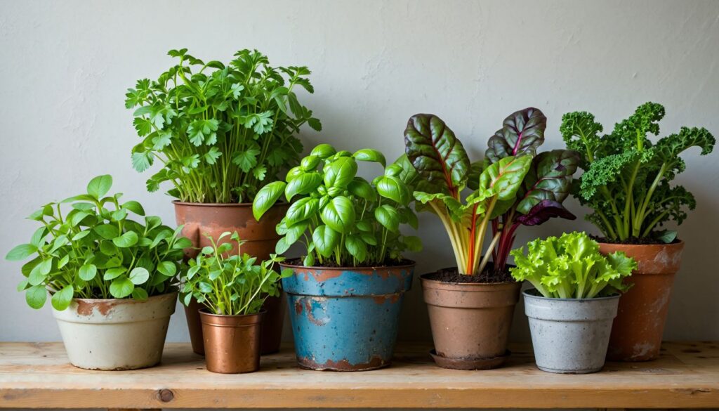 A bright indoor garden display featuring assorted leafy greens in elegant pots on a sunny windowsill.