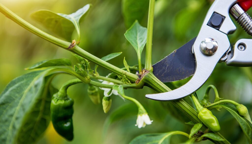 A gardener pruning green pepper plants with sharp shears to promote healthy growth.