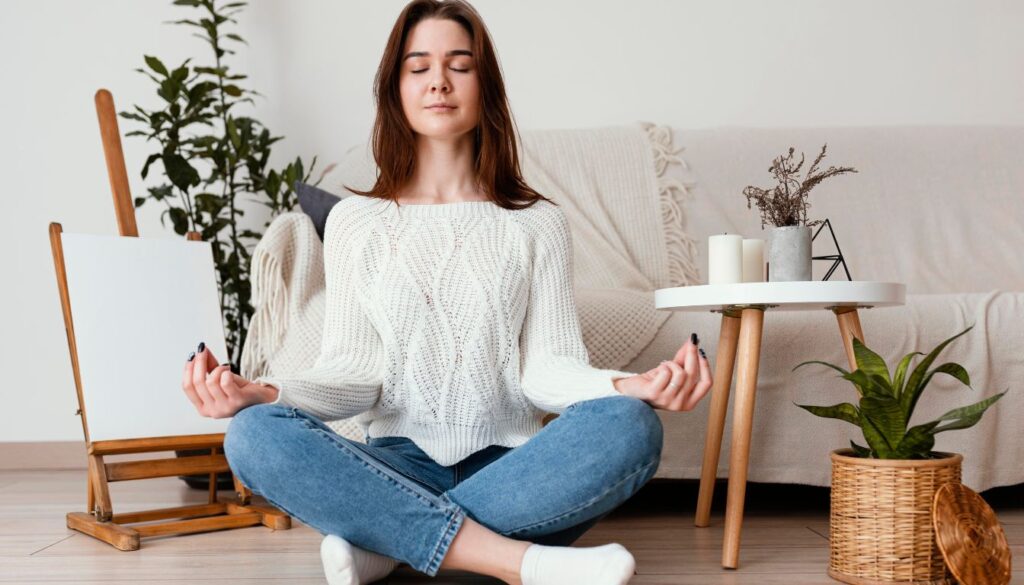A person in a white knitted sweater and blue jeans sits cross-legged on a living room floor, meditating amid a peaceful setting with candles, a plant, and an easel in the background.
