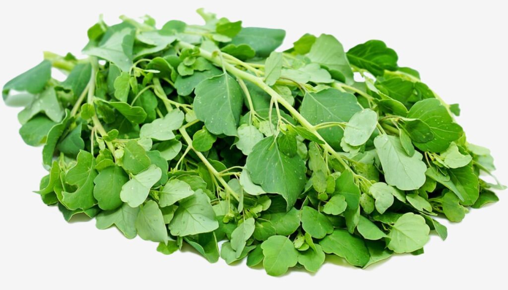 A bundle of fresh papalo leaves with vibrant green color, placed on a rustic wooden surface, showcasing their unique shape and texture.