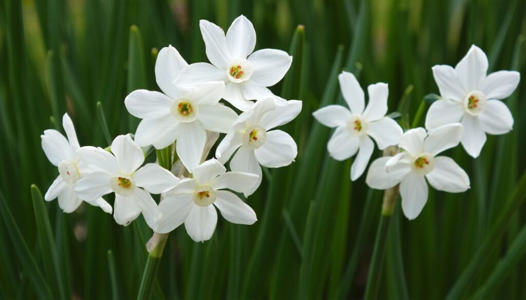 An outdoor garden scene with clusters of white Paperwhite Narcissus, their delicate petals and subtle yellow accents contrasting against lush green foliage.