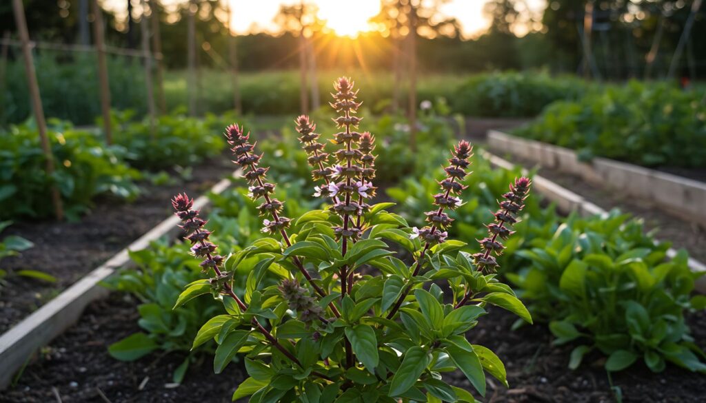A sunny outdoor garden bed with lush basil plants emerging from rich soil under a bright sky.