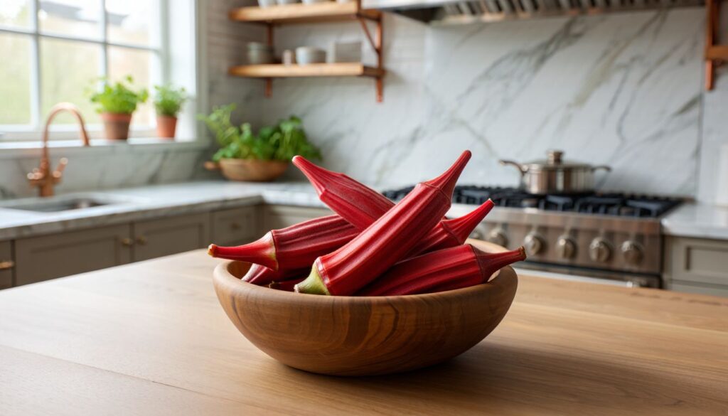 A wooden bowl filled with red okra pods, surrounded by more red okra pods scattered on a white wooden surface.