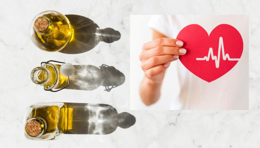 Three premium olive oil bottles arranged on a sleek marble surface, with a hand holding a red heart-shaped card displaying a white heartbeat line.
