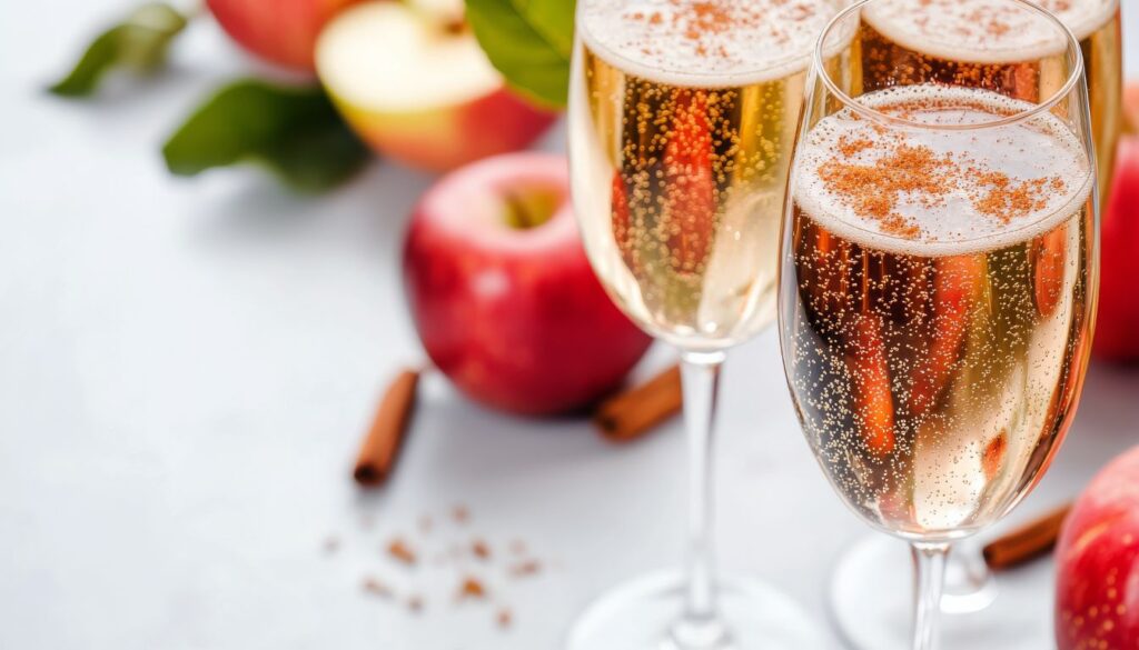 A refreshing glass of sparkling apple cider with effervescent bubbles and apple slice garnish, set against a soft, inviting background.
