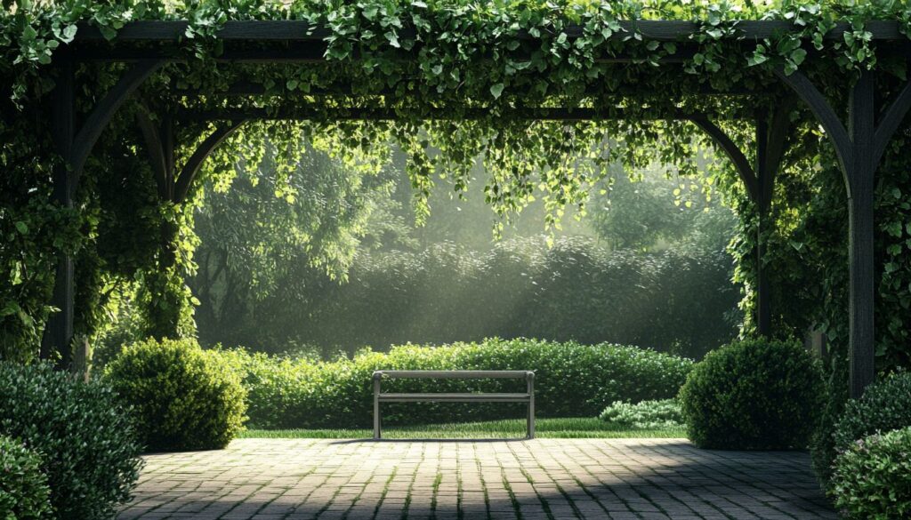 A serene pergola draped in lush green vines, featuring a cozy bench and vibrant garden backdrop.