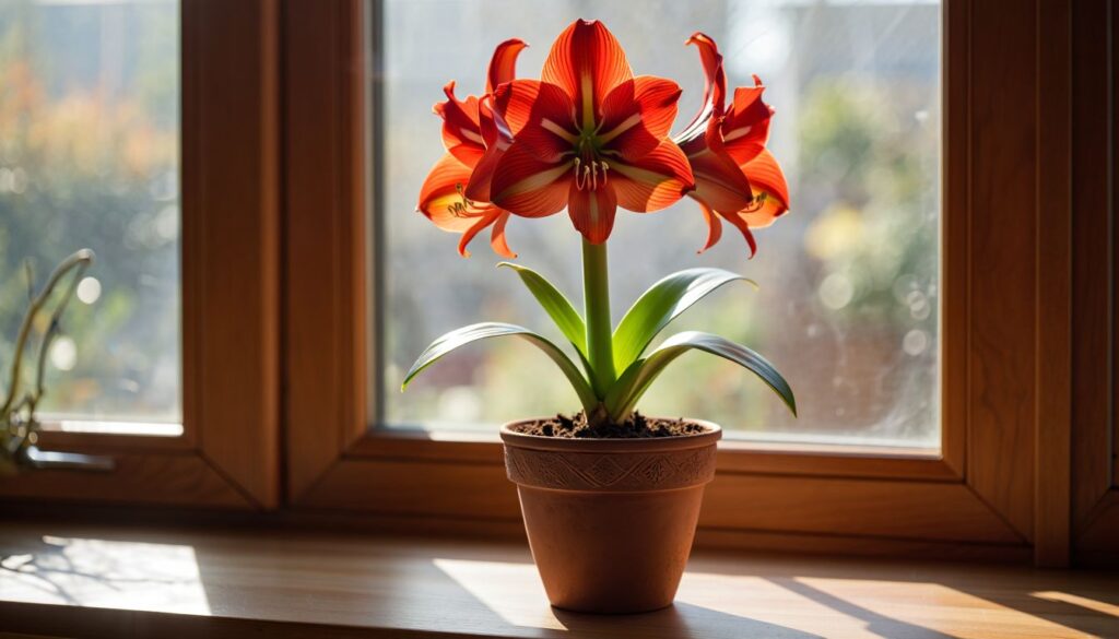 A vibrant amaryllis flower in full bloom, elegantly displayed against a modern, minimalist backdrop.