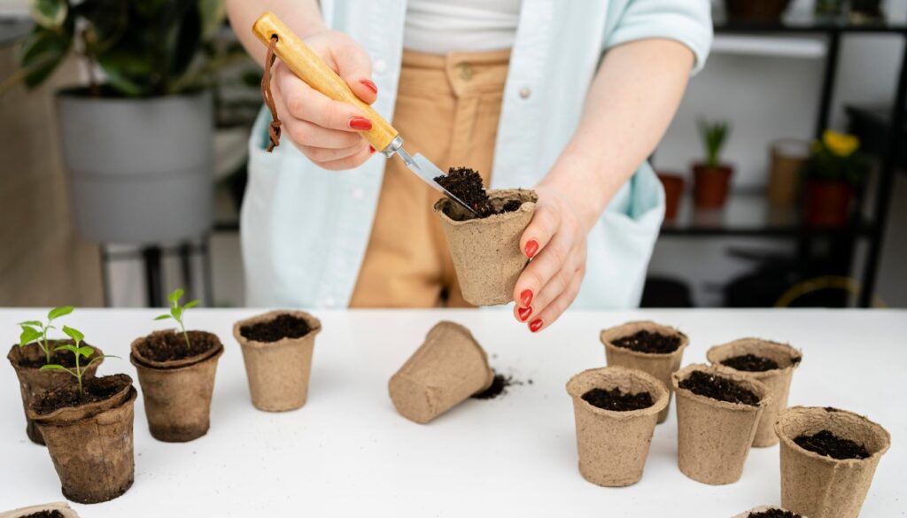 A budding seedling emerges from moist, nutrient-rich soil, with gardening tools visible in the background.