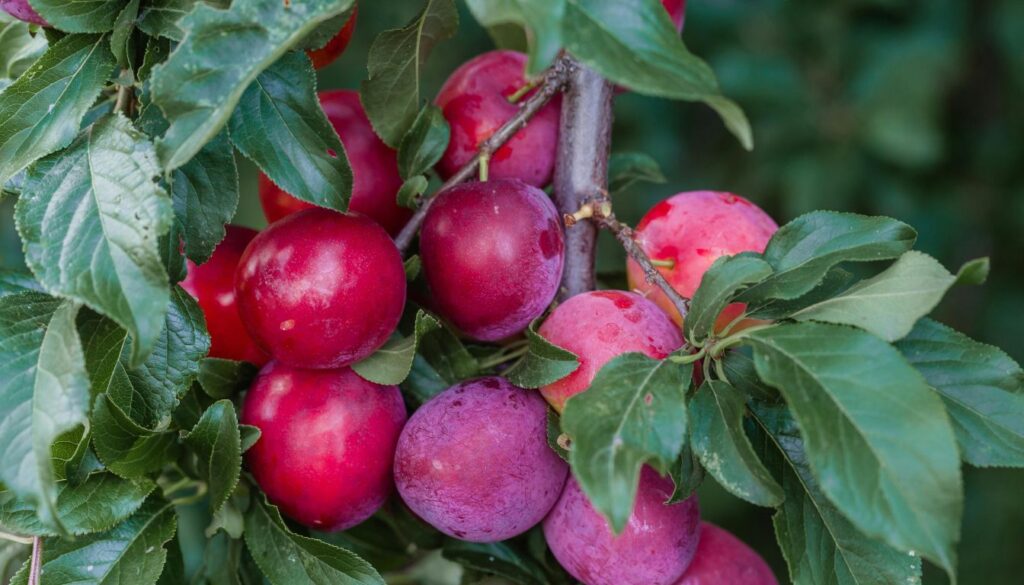 A lush garden featuring multiple plum trees in full bloom with clusters of ripe plums and vibrant green foliage.