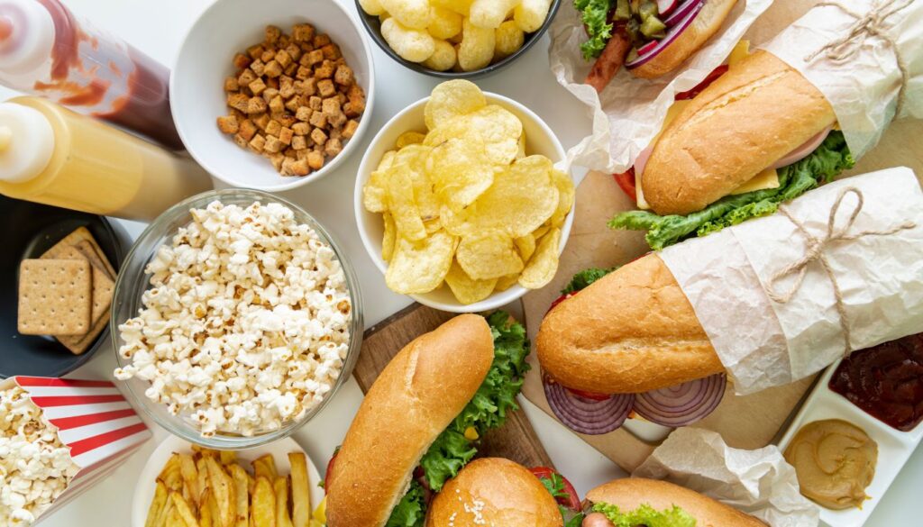 A close-up of a fast-food meal featuring a burger, fries, and a soft drink, emphasizing the appeal and potential health risks of frequent consumption.