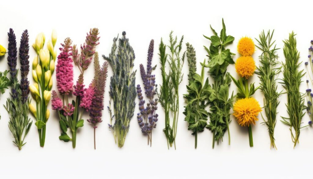 A selection of fresh and dried herbs known for their blood sugar-balancing properties, displayed on a rustic wooden surface.
