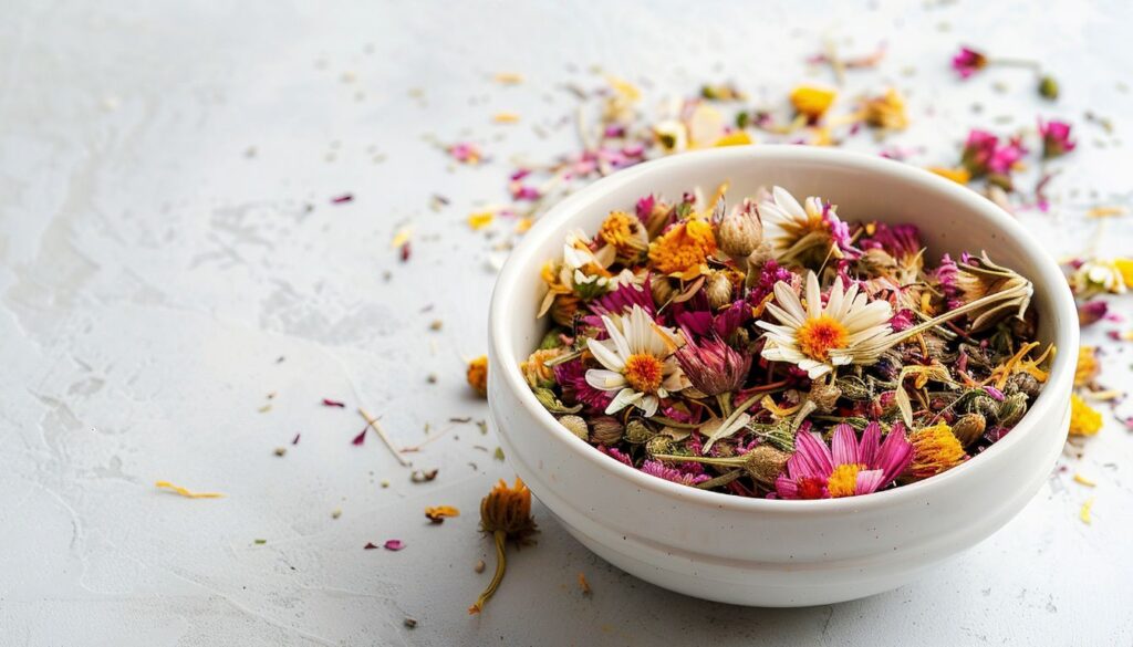 A variety of antiviral herbal supplements, including dried herbs displayed on a natural wooden surface.