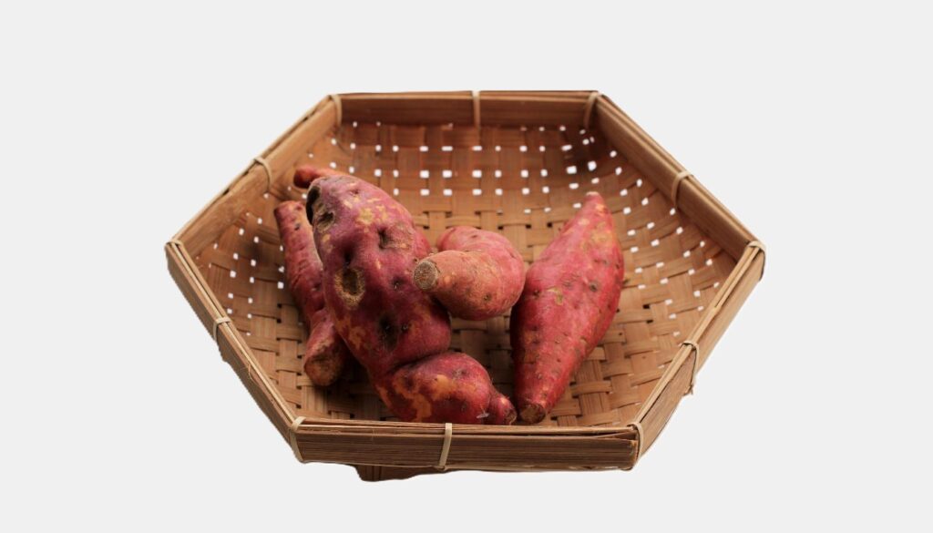 A close-up of cooked sweet potatoes sliced open, showing their vibrant orange flesh and soft texture.