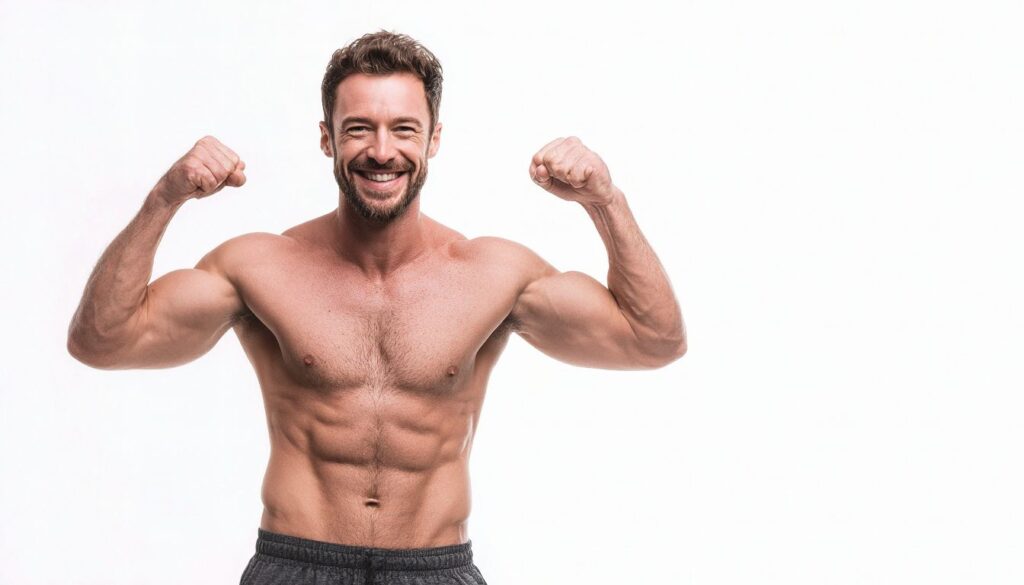 A muscular man flexing his arm, showcasing strength and definition.