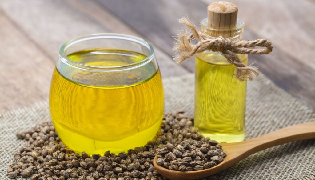 A bottle of castor oil placed next to a wooden hairbrush and fresh castor beans, highlighting natural hair care benefits.
