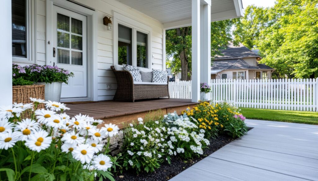 A beautifully decorated front porch with vibrant flowers in pots and hanging baskets, enhancing curb appeal with lush greenery.