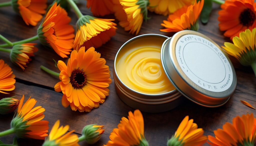 A tin of homemade calendula salve surrounded by vibrant orange calendula flowers on a wooden surface.