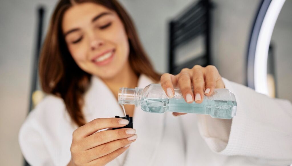 Person in a white robe pouring clear liquid into a small container in a bathroom setting.