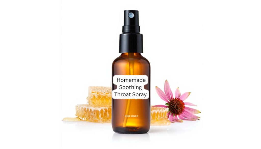 Brown glass spray bottle labeled 'Homemade Soothing Throat Spray' beside honeycomb and echinacea flower.