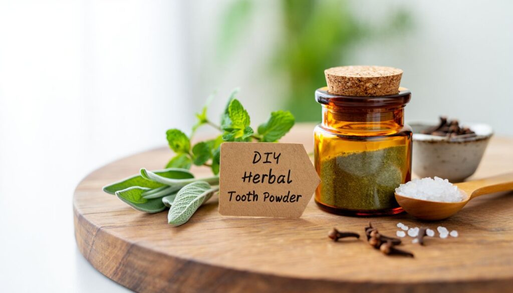 Amber jar of green herbal tooth powder surrounded by mint, sage, cloves, and coarse salt on a wooden surface.
