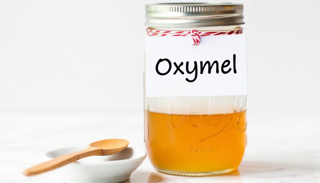 Glass jar labeled 'Oxymel' filled with golden liquid, tied with red and white string, beside a wooden spoon on a white dish.
