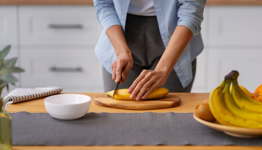 A woman in her kitchen slicing a banana on a wooden cutting board, preparing a fresh and nutritious snack.