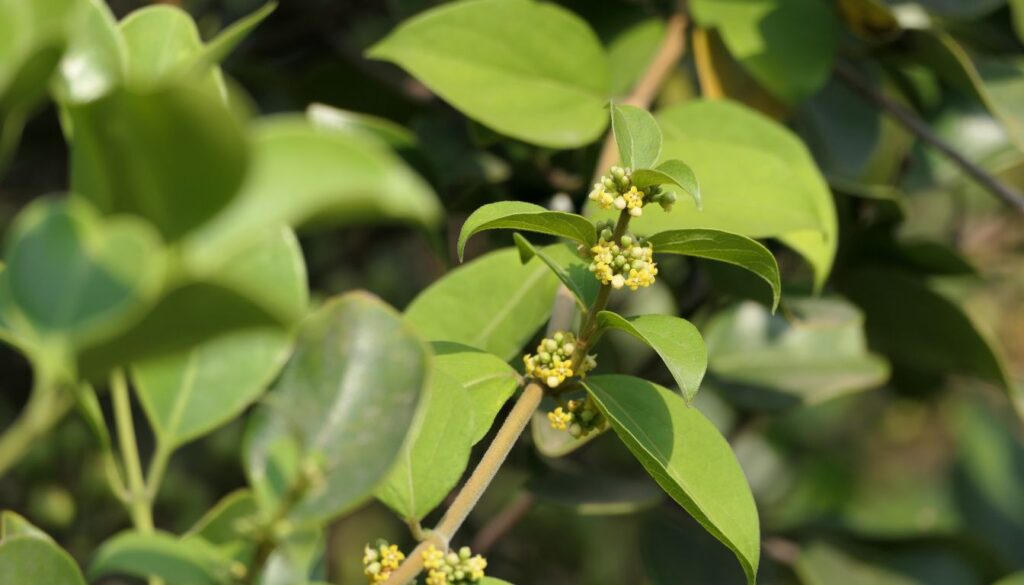A freshly bloomed Gymnema Sylvestre plant with delicate green leaves and small, pale yellow flowers.