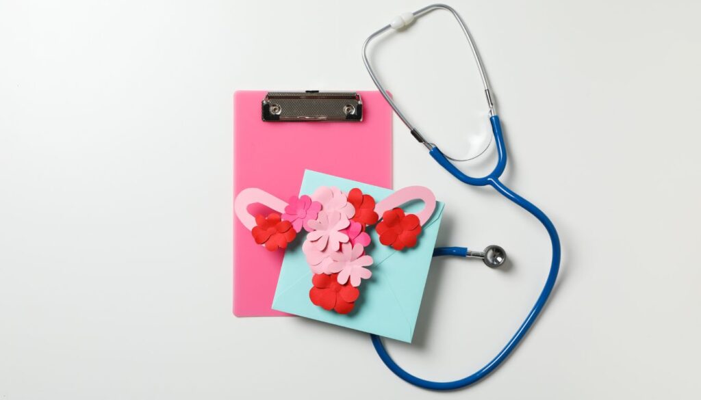 Pink clipboard, blue stethoscope, and a floral card depicting the female reproductive system.