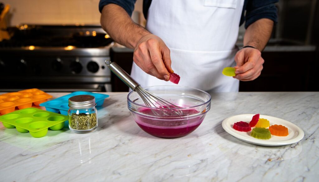 Person in white apron making colorful herbal gummies with silicone molds, herbs, and a bowl of pink liquid.