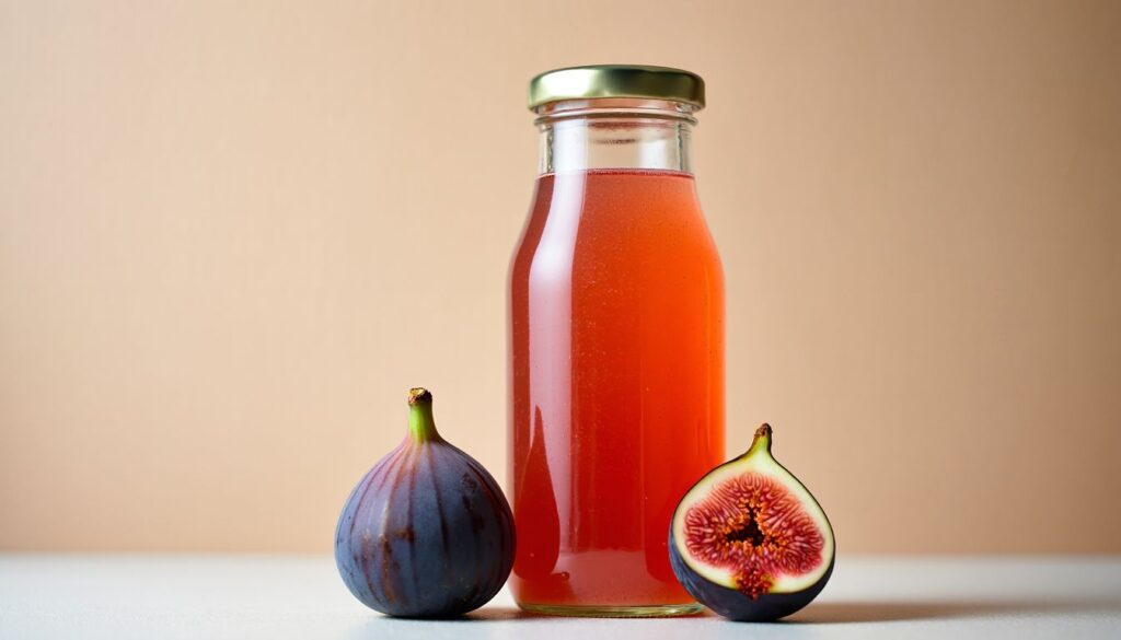 A glass of fresh fig juice next to whole and sliced figs, showcasing its rich color and natural ingredients.
