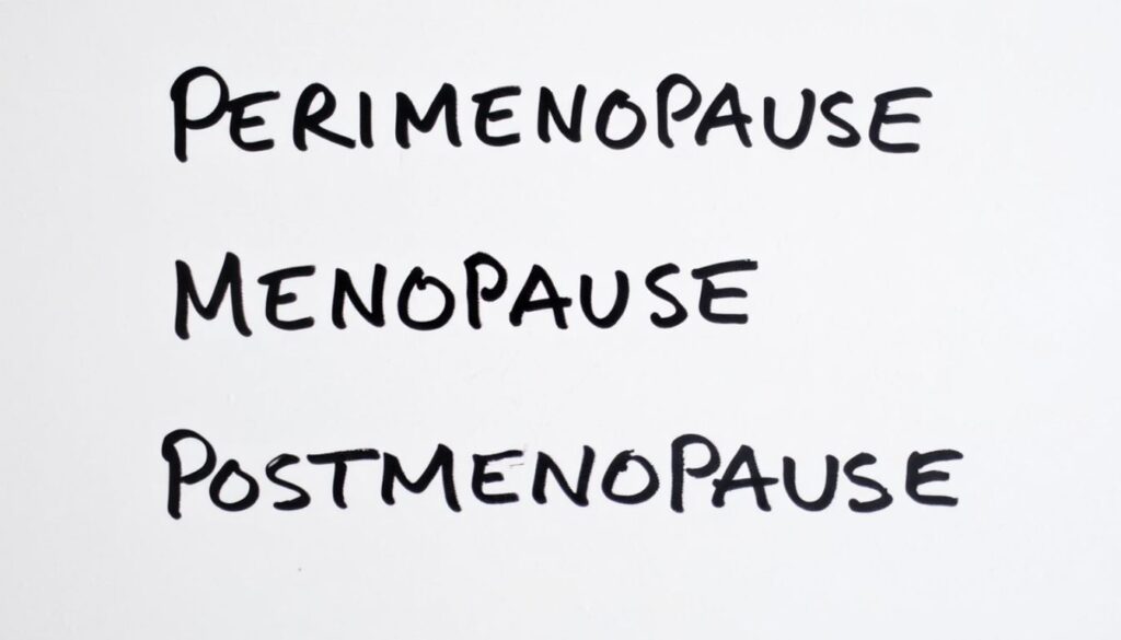 Handwritten words 'Perimenopause,' 'Menopause,' and 'Postmenopause' on a white background.