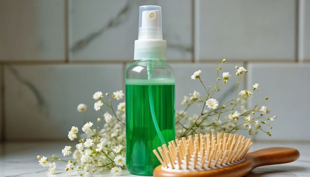 Spray bottle with green herbal rinse beside white flowers and a wooden hairbrush on a tiled surface.