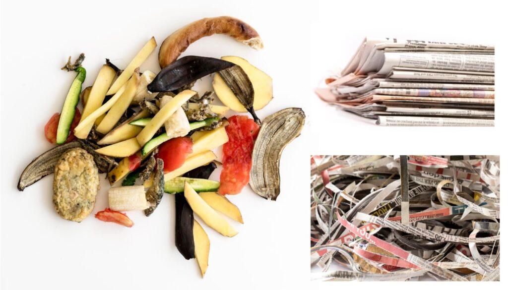 A compost pile with shredded newspaper mixed with organic materials, showing an eco-friendly way to enrich garden soil.