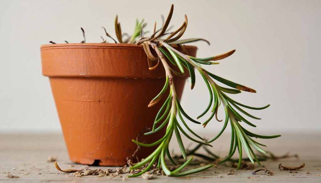 A terracotta pot with a wilting rosemary plant, showing brown and green leaves, placed on a wooden surface with some dried leaves scattered around.