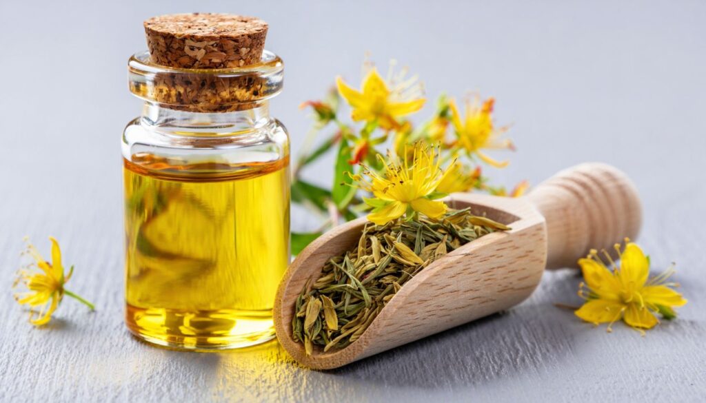 A dropper bottle filled with a golden liquid, surrounded by dried roots, placed on a marble surface.