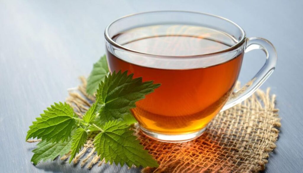 A clear glass cup filled with stinging nettle tea, placed on a piece of burlap fabric. Fresh stinging nettle leaves are arranged beside the cup.