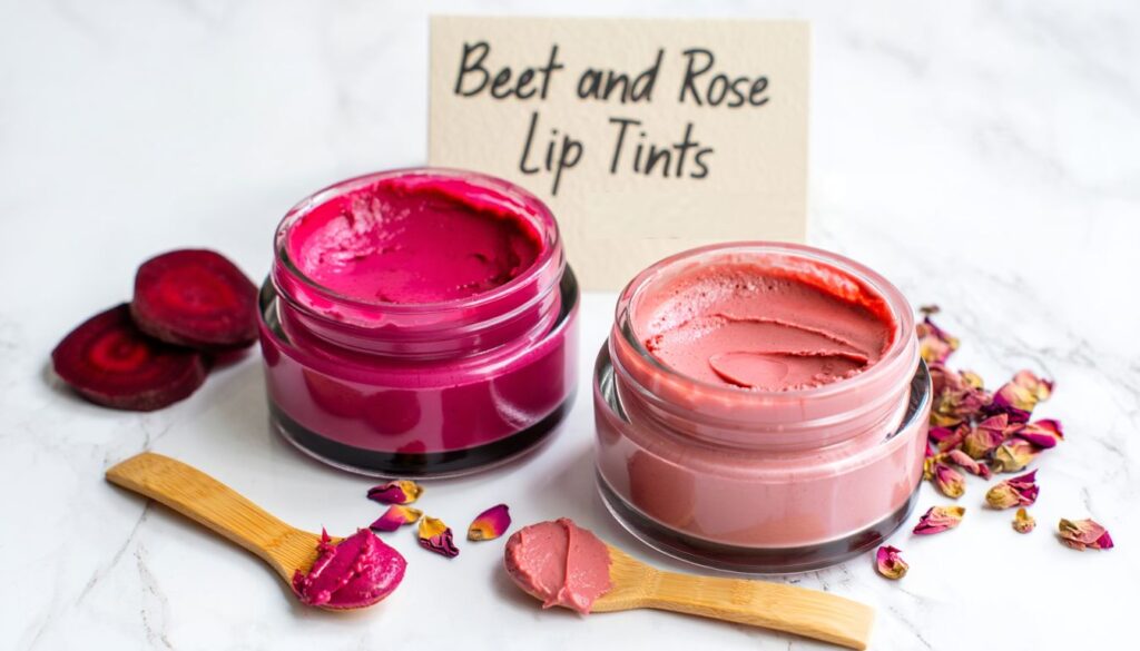 Two jars of homemade lip tints, one deep beet red, the other soft rose pink, surrounded by beet slices, dried rose petals, and a wooden spoon with tint samples.