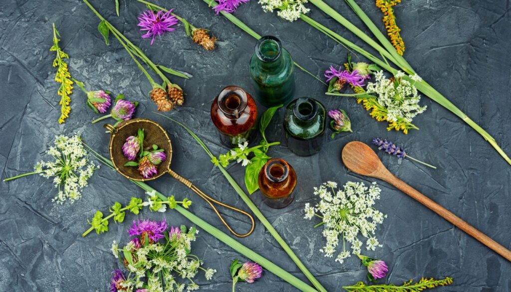 A flat lay of various herbs and flowers arranged on a dark textured surface, accompanied by vintage glass bottles and a wooden spoon, representing elements of Celtic herbalism.