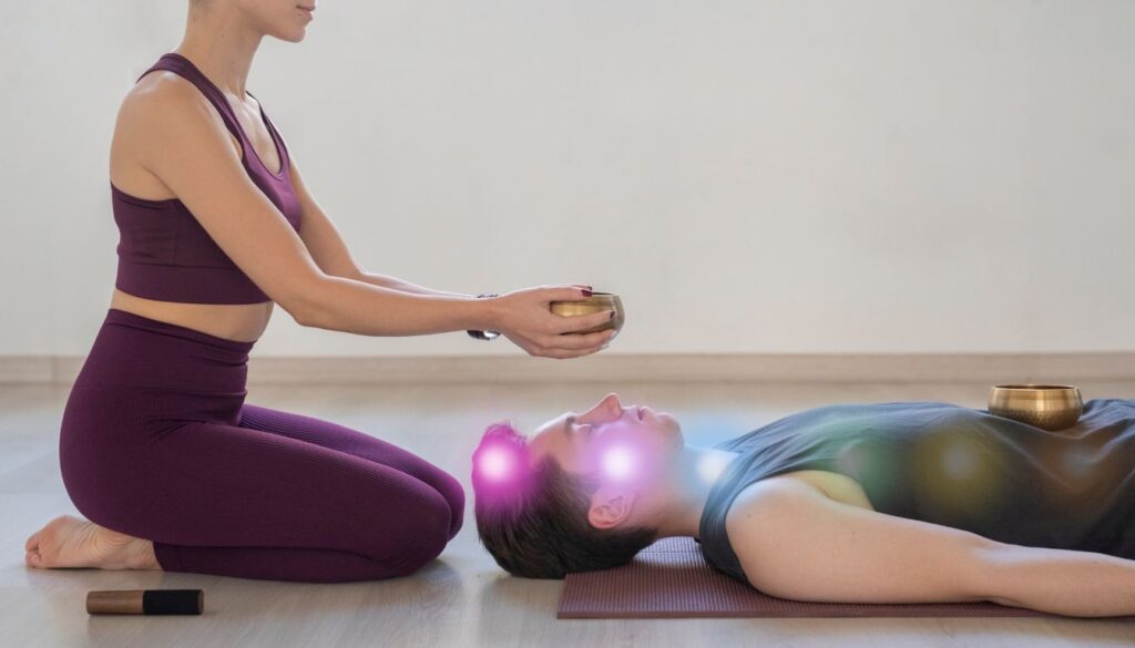 A person in a seated position holds a brass bowl above another person lying on a yoga mat, with another brass bowl placed on the chest of the lying person. There is a wooden mallet on the floor next to the seated person.
