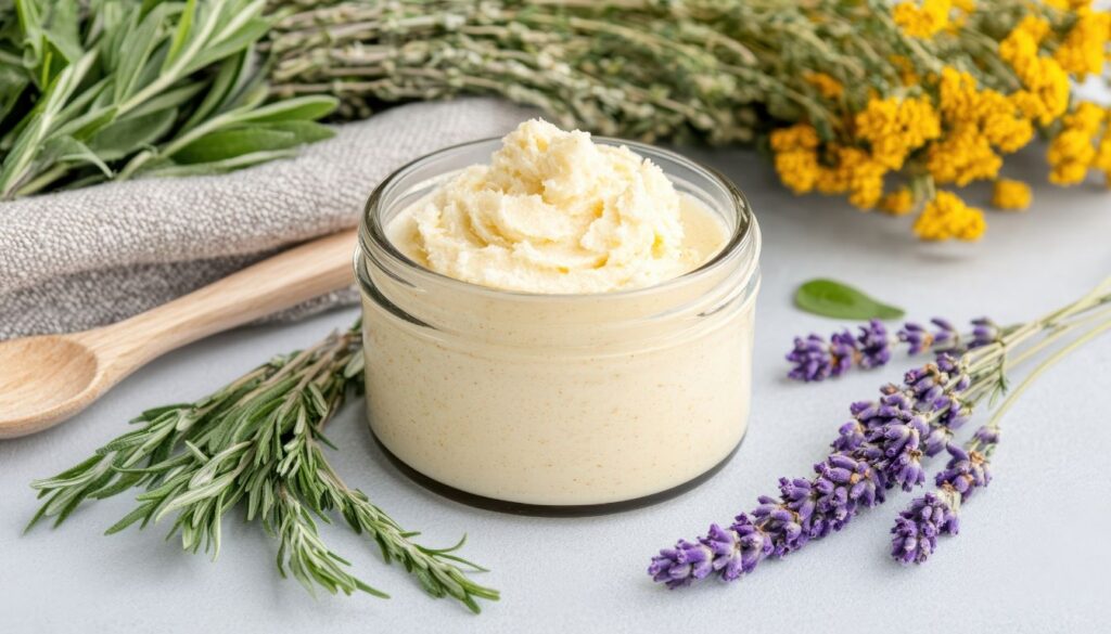 A jar of creamy herbal chest rub surrounded by fresh and dried herbs including lavender, rosemary, and yellow flowers, with a wooden spoon and a gray cloth in the background.