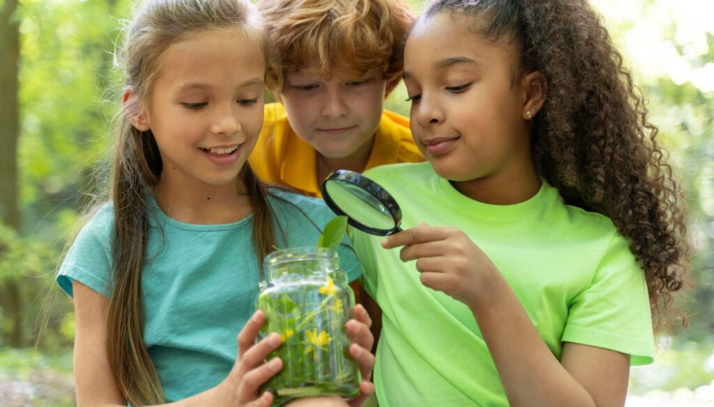 Three children outdoors exploring herbs-one holds a jar with leaves and flowers, another uses a magnifying glass to observe the contents closely.