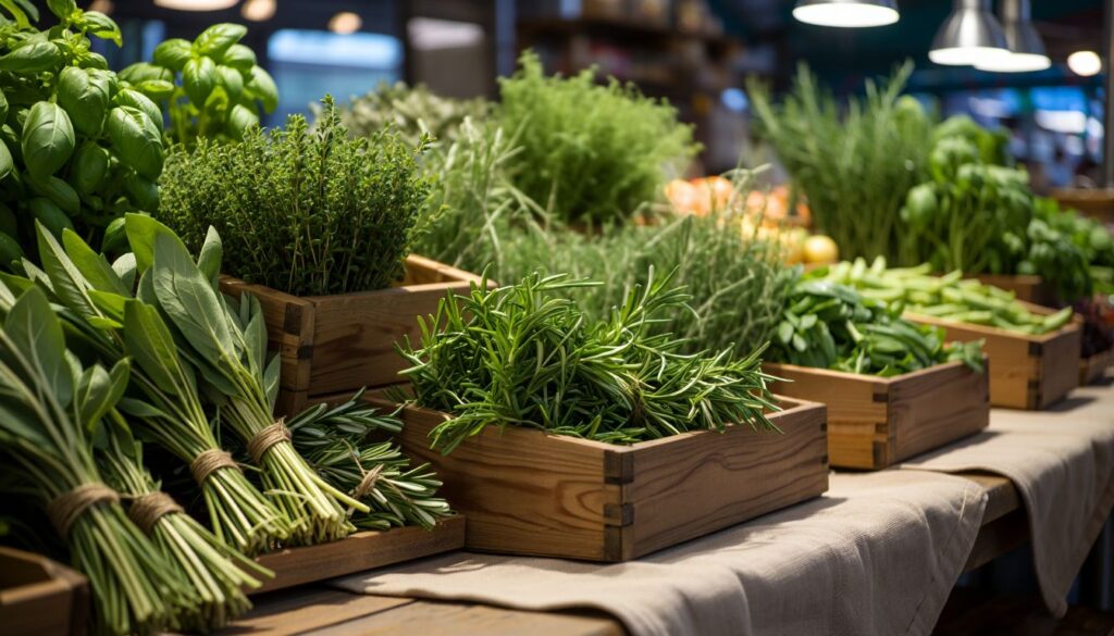 Fresh herbs including basil, thyme, rosemary, and sage displayed in wooden crates at a market stall with labeled signs.